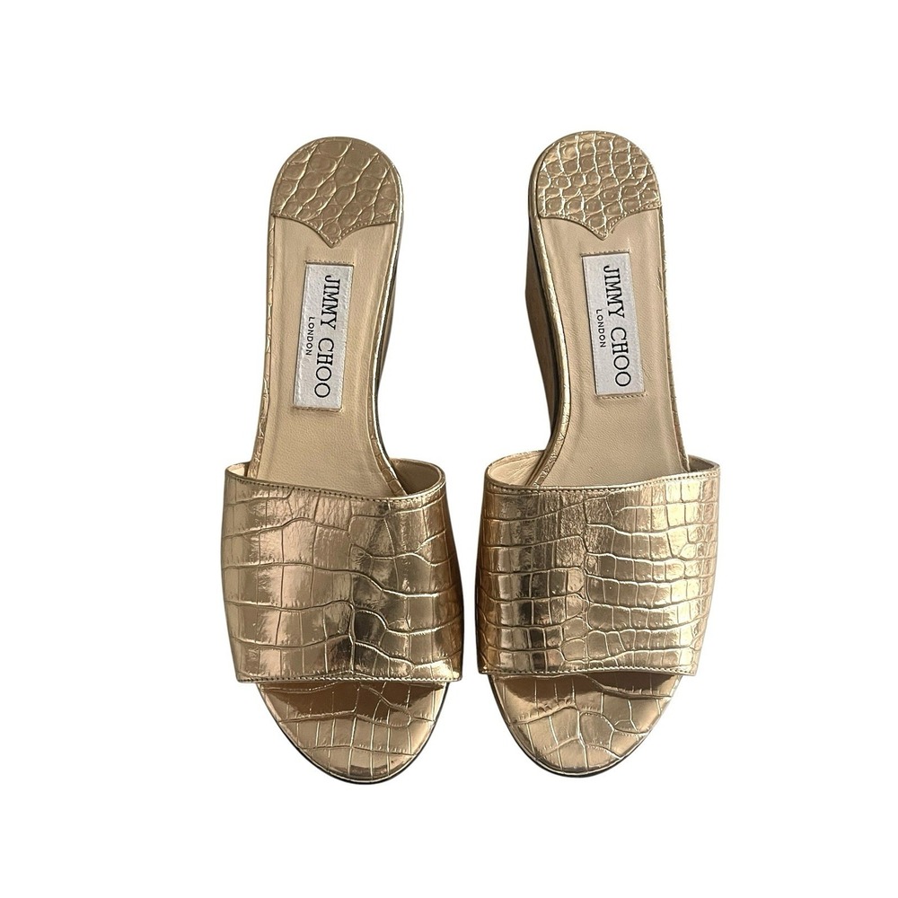 Jimmy Choo Deedee Metallic Cork Platform Sandals Gold Croc Embossed Glam Resort - Picture 3 of 15